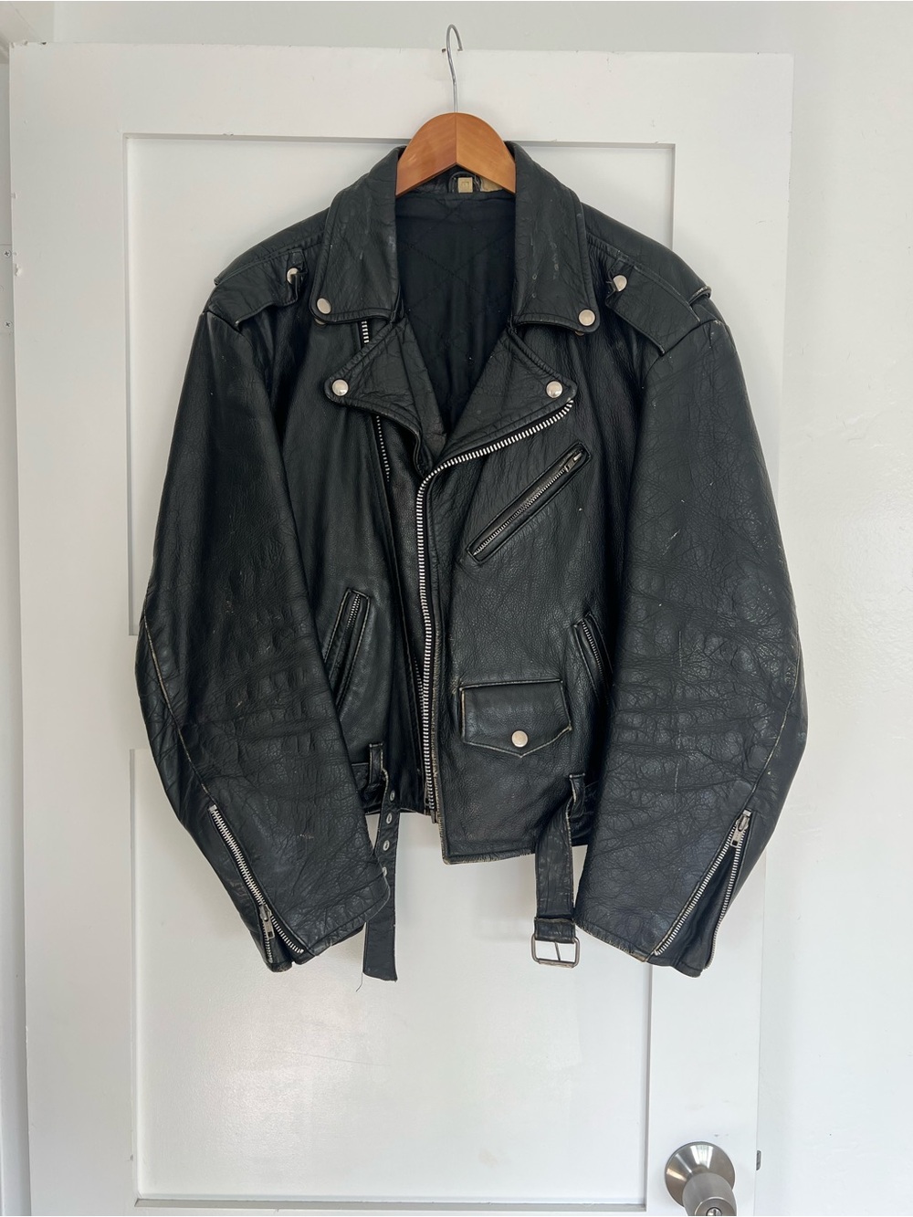 Classic Vintage Black Leather Biker Jacket - unisex oversized